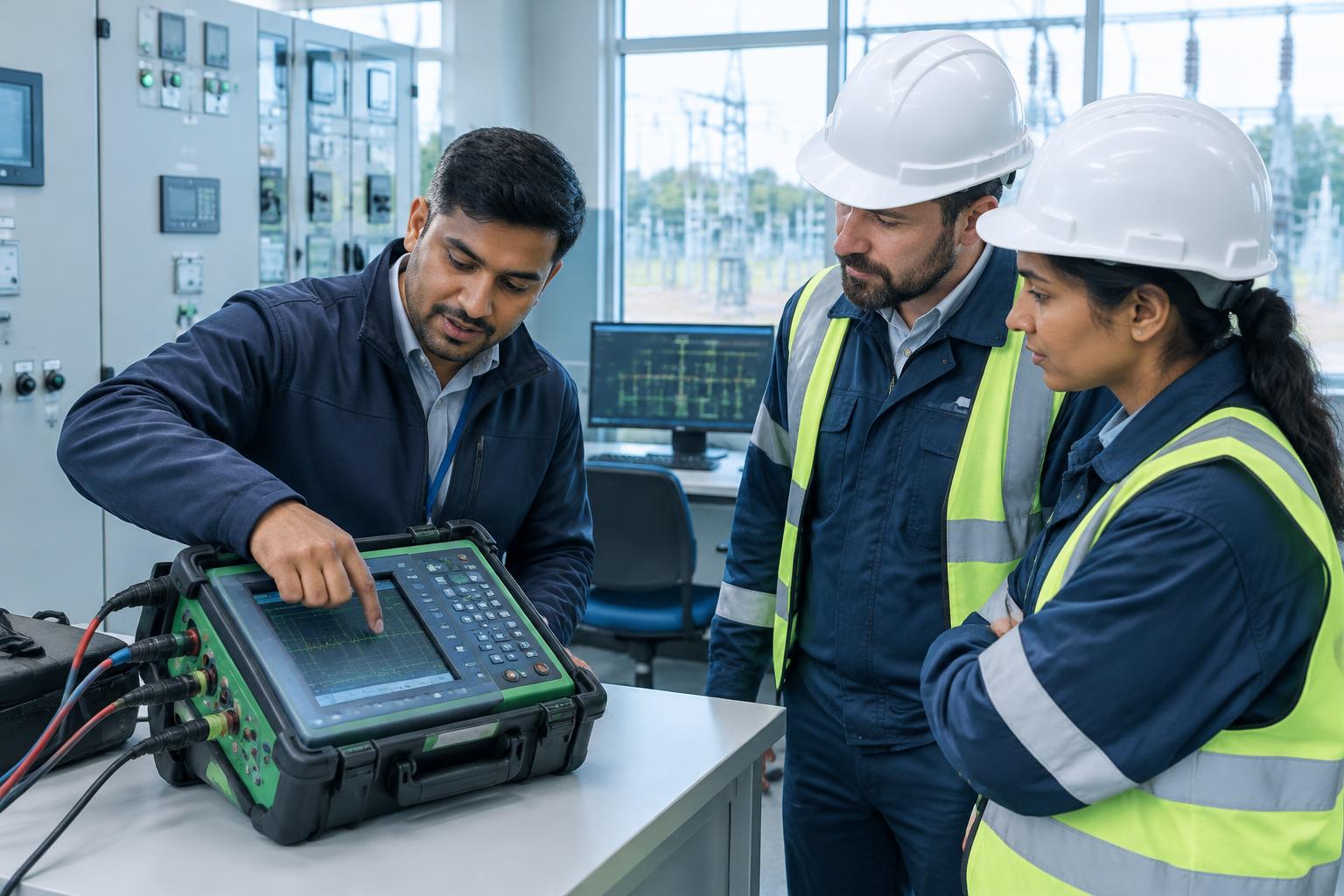 Application engineer demonstrating test equipment to utility engineers