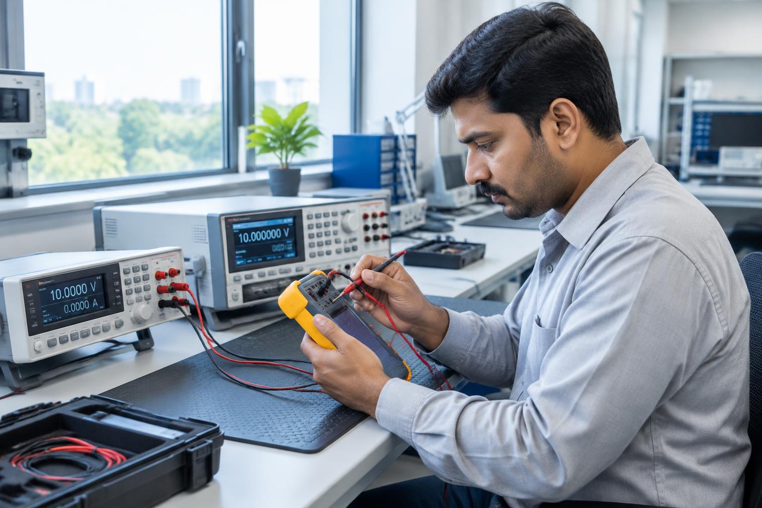 Calibration technician checking a handheld meter against laboratory reference equipment