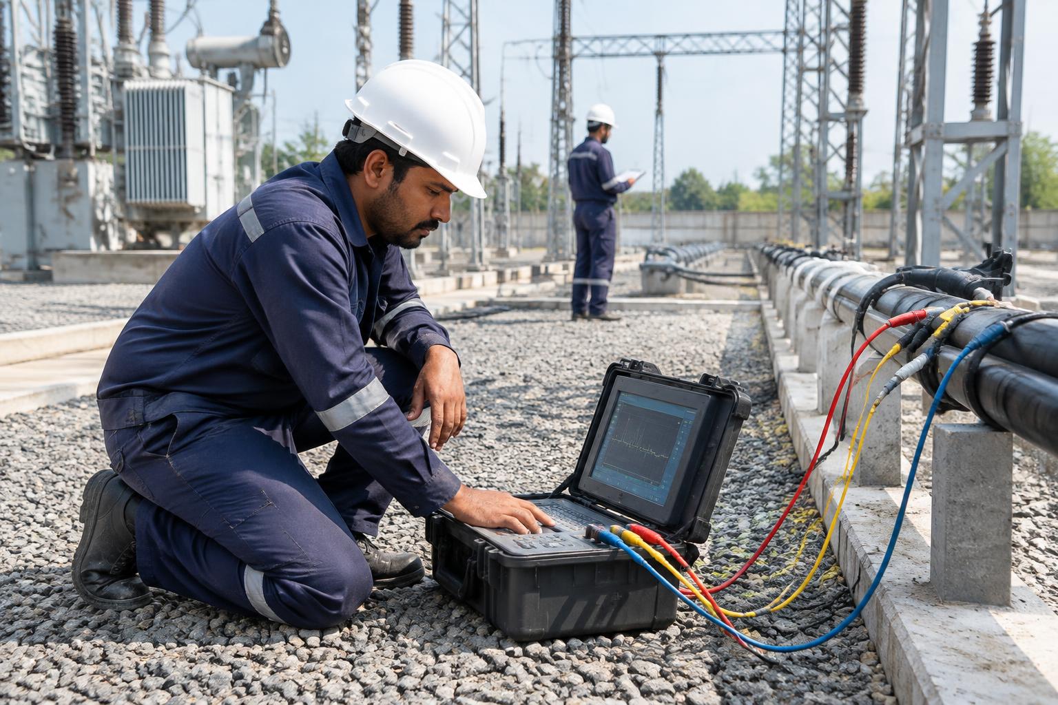 Field engineer checking a cable testing instrument at a substation