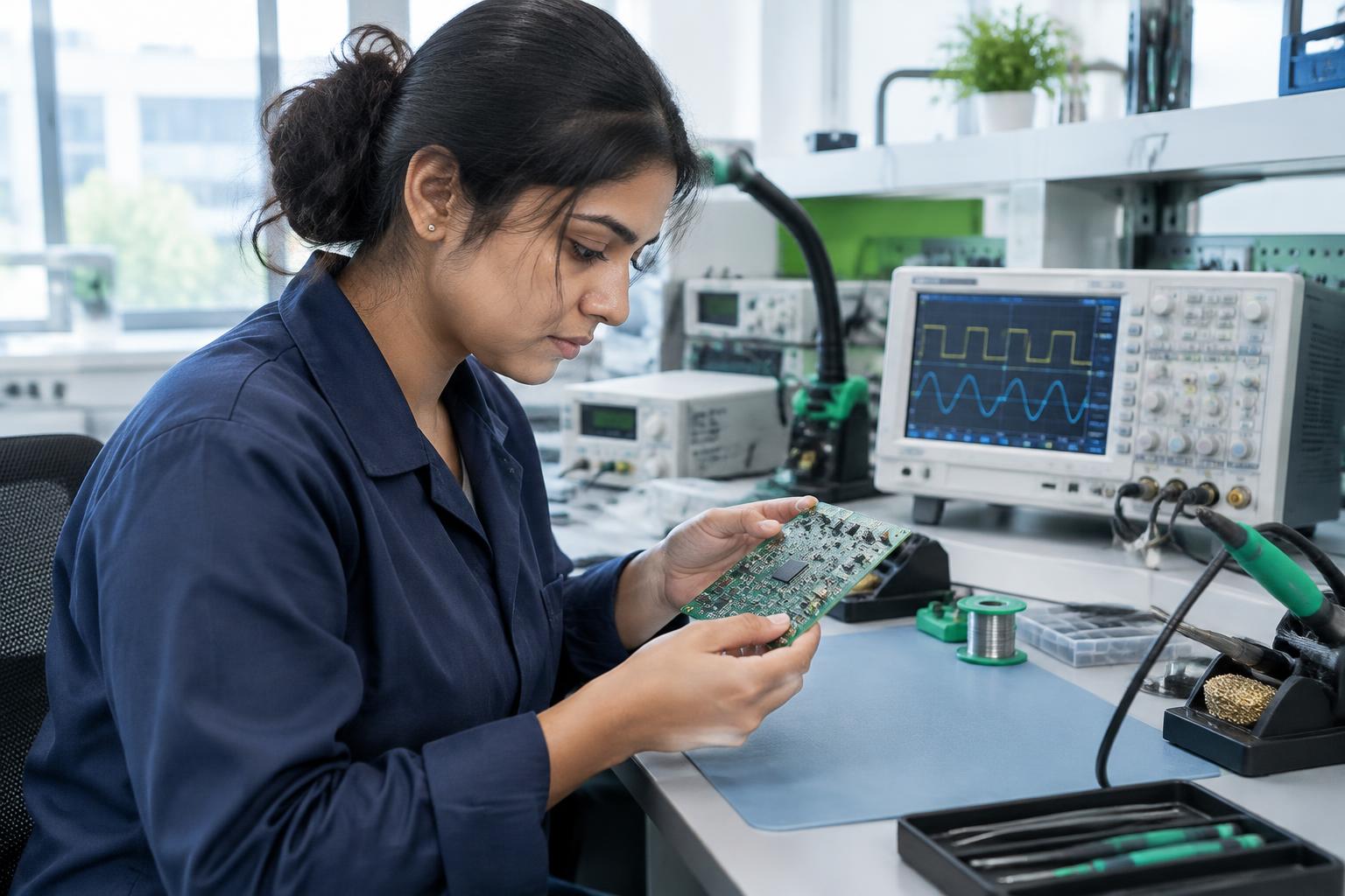 Hardware engineer examining a circuit board beside an oscilloscope