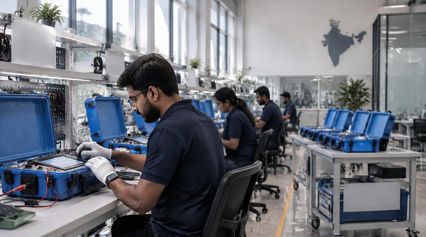 Engineers calibrating instruments on the CSD assembly floor