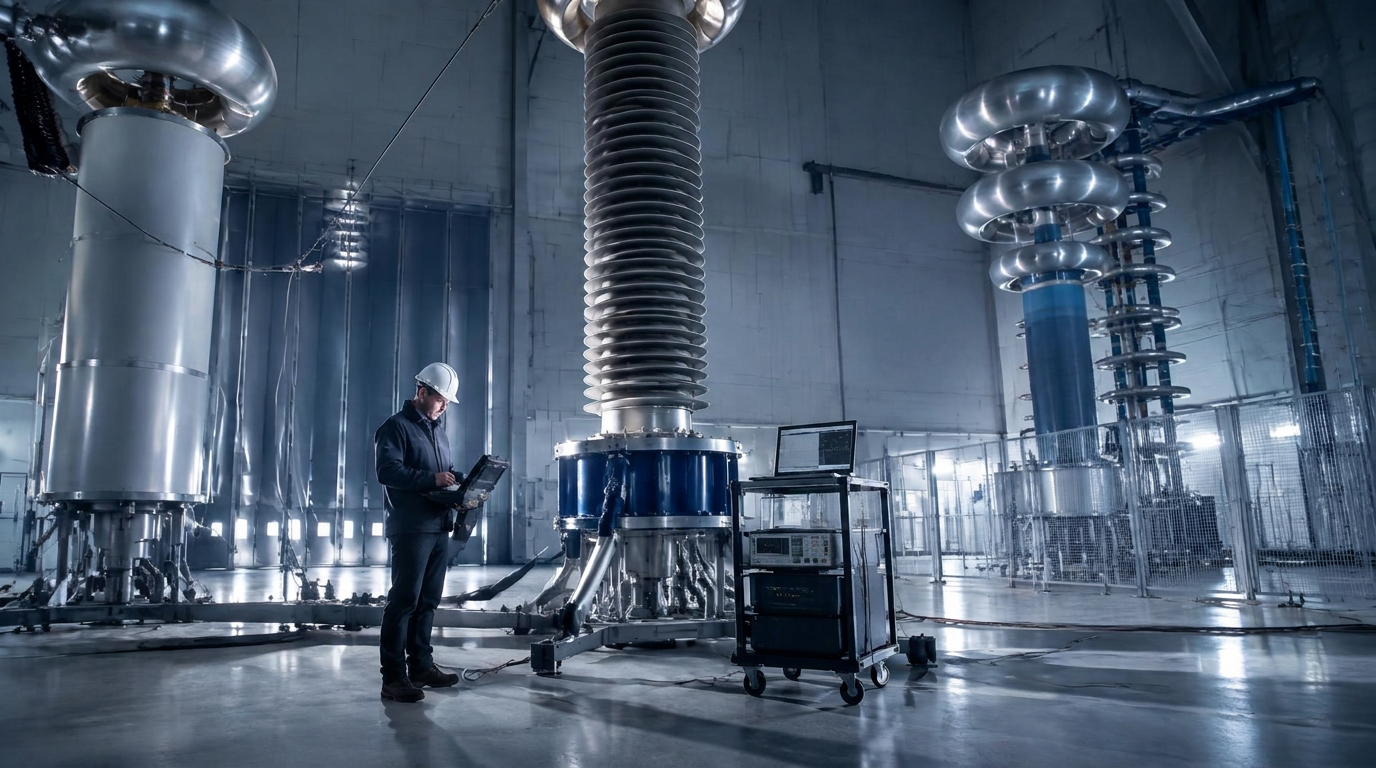 High-voltage test hall with an engineer reviewing readings