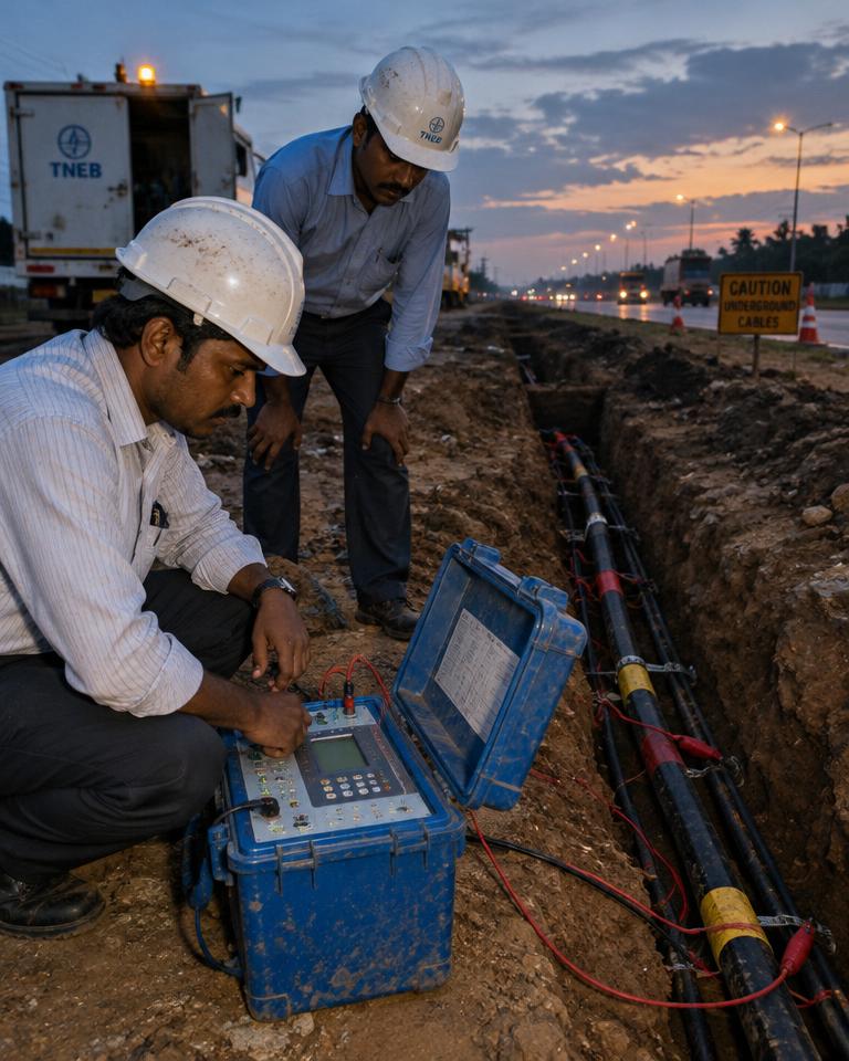 Engineers testing an underground cable